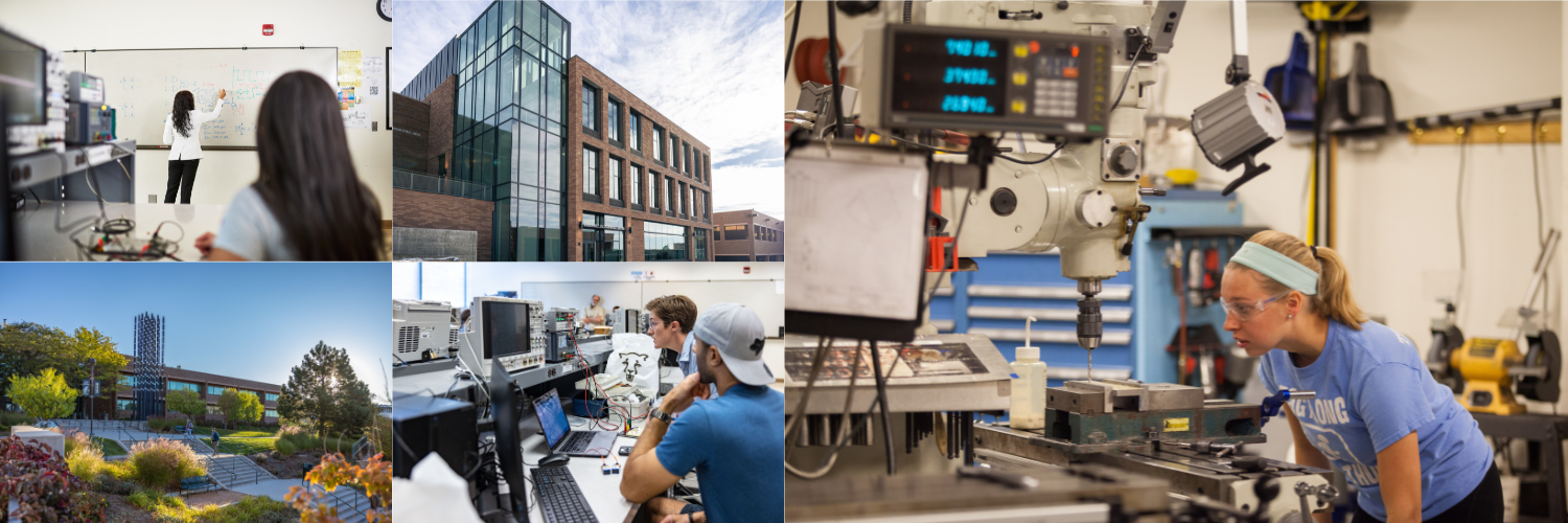 College of the new Anschutz Engineering Building, the old Engineering buliding, and students working with machining and equations.