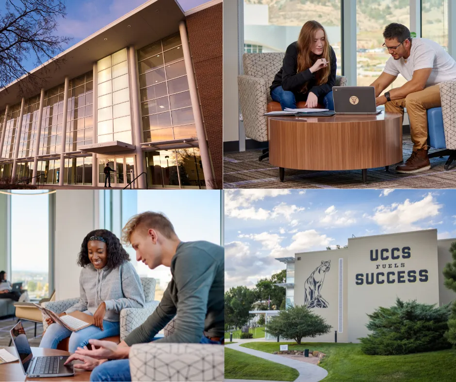 Photo collage with images of Cragmor Hall "UCCS Fuels Success," Dwire Hall, and two sets of students studying together.