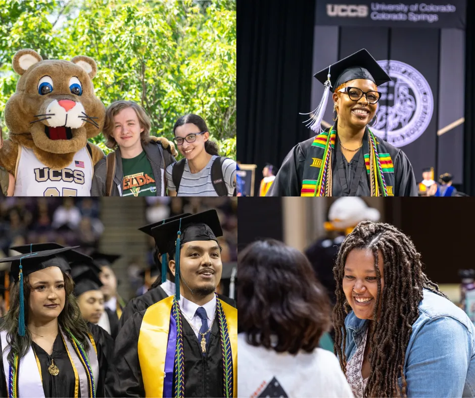 Photo collage of the four students with clyde, several students graduating and two women talking with one another.