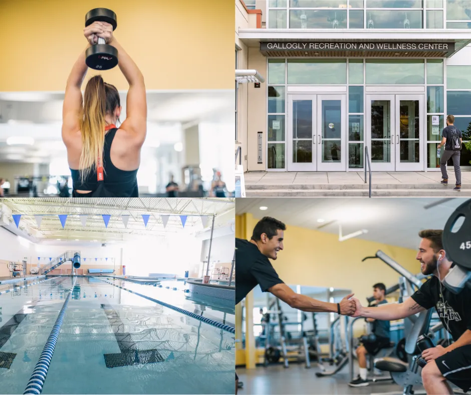 Photo collage of a woman lifting weights, the front of the Recreation Center, the Aquatics Center, and two men lifting weights.