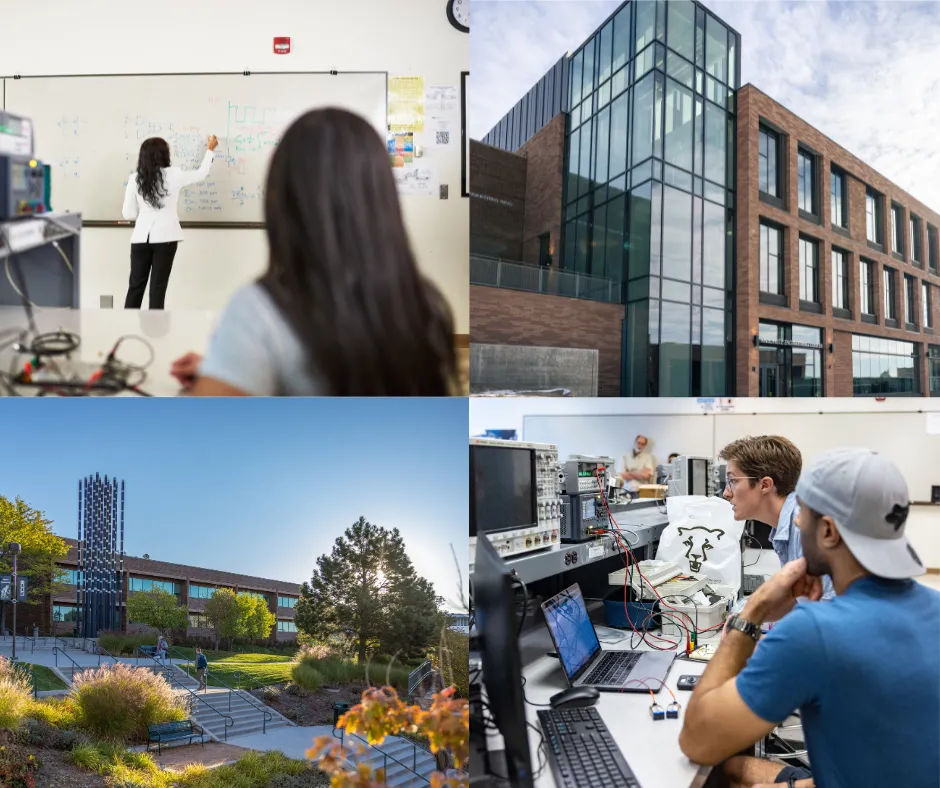 College of the new Anschutz Engineering Building, the old Engineering buliding, and students working with machining and equations.